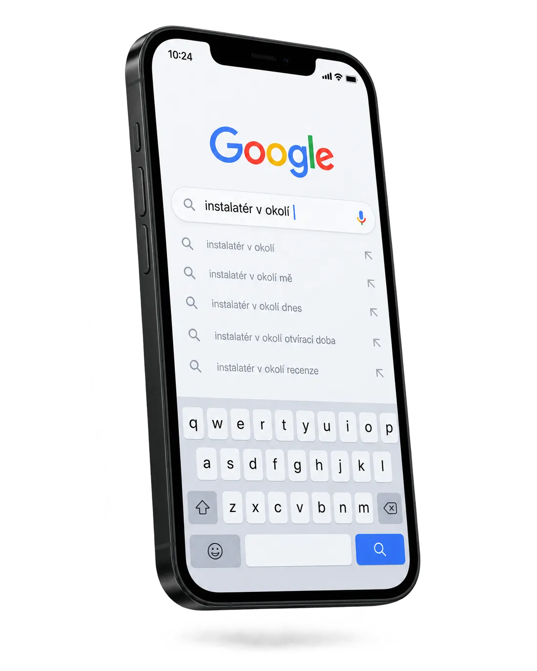 Telefon s vyhledáváním Google a napsaným dotazem instalatér v okolí
