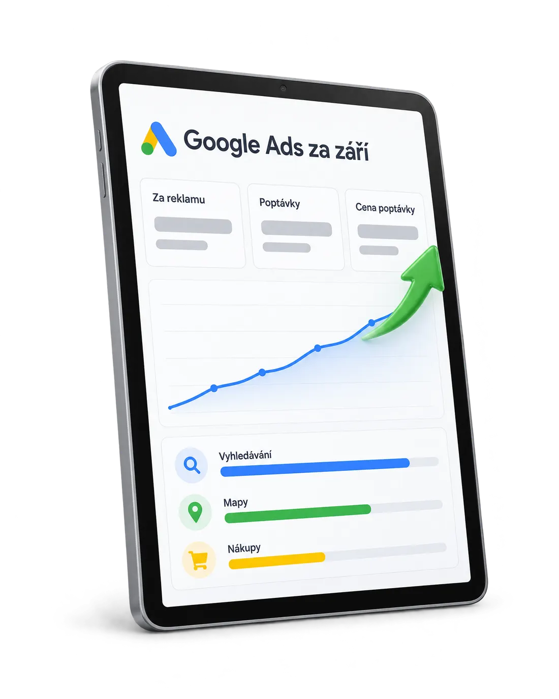 Tablet s měsíčním reportem Google Ads
